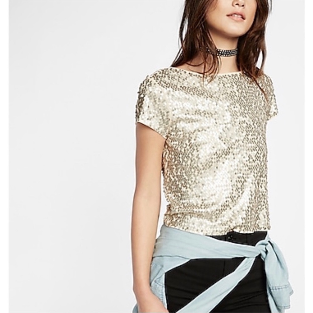 EXPRESS Gold Sequin Scoop Back Boxy Dress Party Top Women’s Small